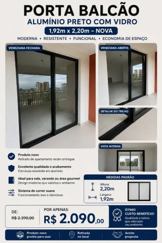 Porta balcão alumínio preto com vidro 1,92m x 2,20m - nova