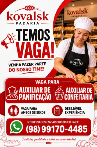 VAGA DE EMPREGO PADARIA AUXILIAR DE PADARIA E AUXILIAR DE CONFEITEIRO 