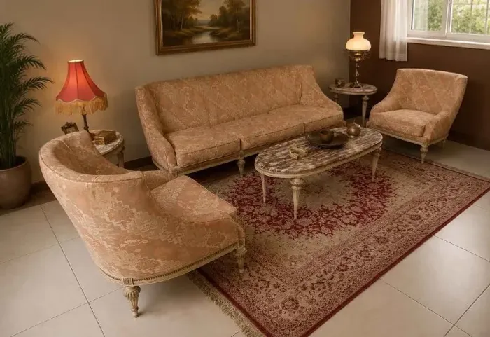 Conjunto sala antigo sofá 2 poltronas 2 mesinhas lateral e uma centro a decoração não está