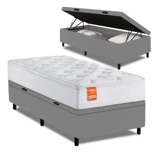 Cama Solteiro Box Completa com Colchão Branco e Baú Cinza (Entrega Rápida)