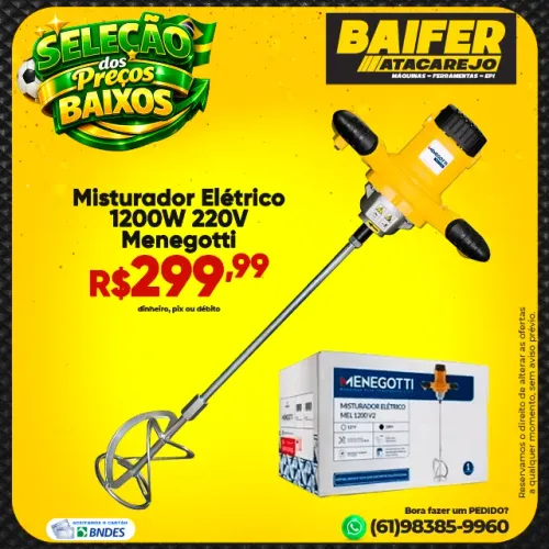 Misturador De Argamassa Tinta Elétrico 1200w Menegotti Mel1200
