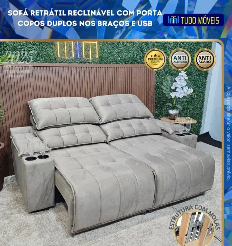 Sofa retrátil e reclinável para 3 lugares com porta copos e USB