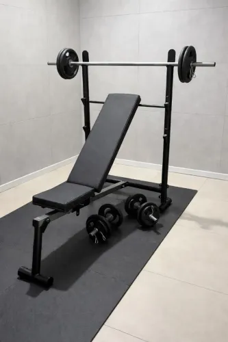 Banco de supino + barra + halteres + anilhas e tatame