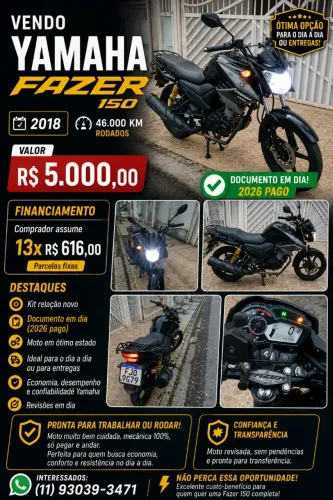 Vendo moto Fazer 150 ano 2018