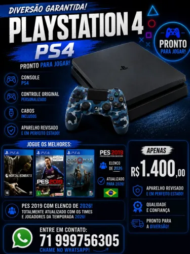 PS4 SLIM COM JOGOS - PES 2019 ATUALIZADO 2026 - MORTAL COMBAT - GOD OF WAR