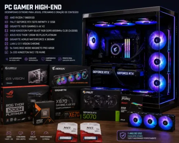 PC Gamer Ryzen 7 9800X3D + RTX 5070 + 64GB DDR5 High-End