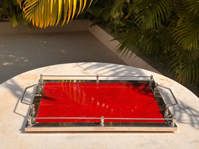 Bandeja Aparador Vintage Anos 70/80 - Vidro Vermelho e Cromado