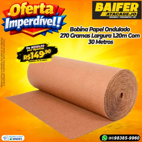 Bobina Papel Ondulado 270 Gramas Largura 1.20m Com 30 Metros