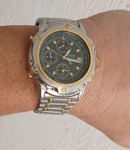 Relógio antigo raro exemplar de coleção impecável anos 90 SEIKO 5 CHRONOGRAPH ALARM OURO