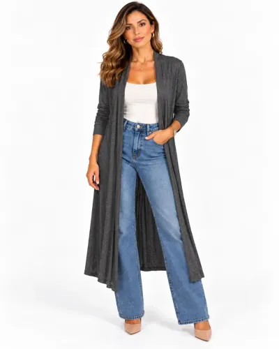 cardigã longo (duster cardigan) de cor cinza com frente aberta e mangas longas