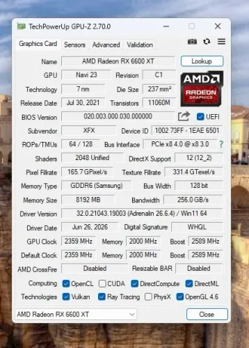 Placa De Vídeo RX6600XT XFX