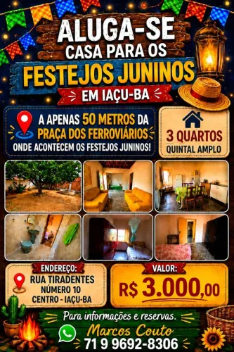 Locação de casa ampla para o São João de Iaçu com 3 quartos