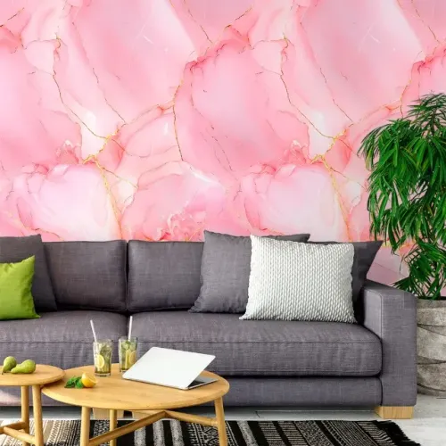 Papel de Parede Mármore Rosa e Dourado Adesivo Luxo