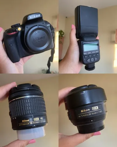 Camera Nikon D3400 + Lente 18-55mm + Lente 35mm + Flash