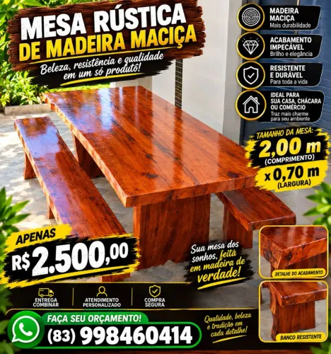 MESA RÚSTICA DE MADEIRA MACIÇA TODOS TAMANHOS