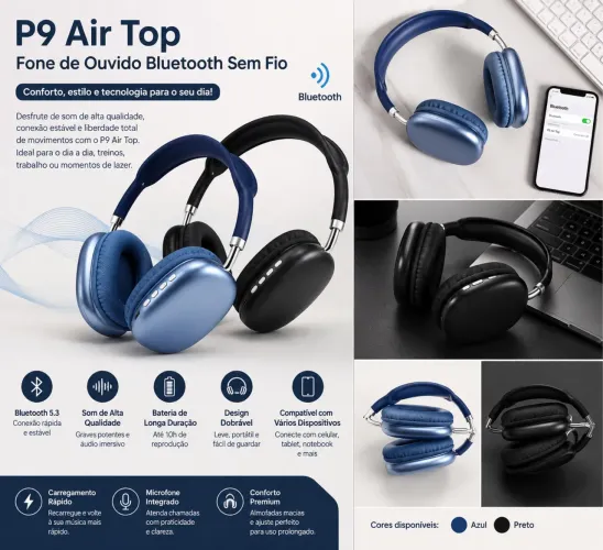 ? P9 Air Top Bluetooth Sem Fio Som potente + conforto premium + visual moderno!