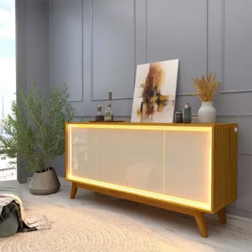 Buffet Requinte 160 4P com Pes de Madeira e Neon Naturale.Off White - Entrega Rápida!