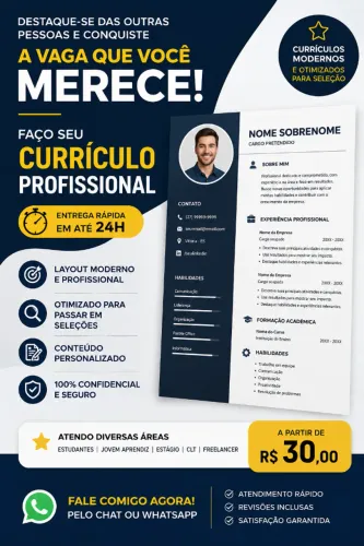 Faço currículo profissional e otimizado para vagas de emprego. Entrega em até 24h.