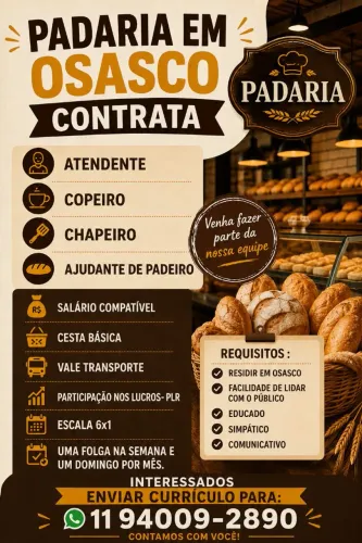 PADARIA EM OSASCO ADMITE