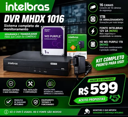 DVR Intelbras MHDX 1016 + HD WD Purple 1TB NOVO + Fonte NOVA<br>