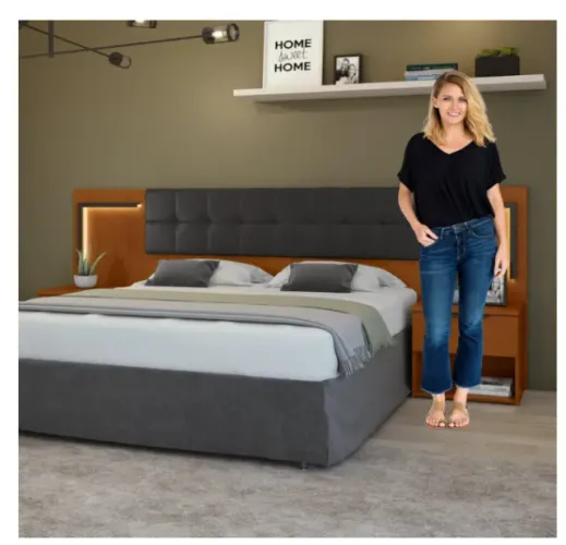 Cabeceira Casal/Queen 160cm 2 Mesas de Cabeceiras com Led Calitan Frassino/Preto Fosco