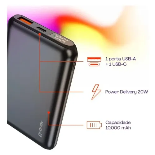 Carregador Power Bank Geonav 10000mah 20w Usb-c