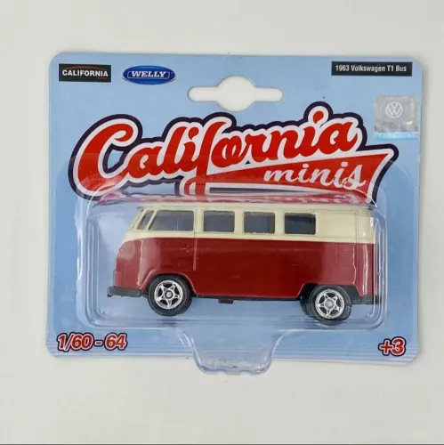 Miniatura Volkswagen Kombi T1 1963 bordô e branca - famosa saia e blusa California Minis