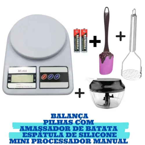 Kit Cozinha Completo - Balança, Amassador, Espátula, Mini Processador