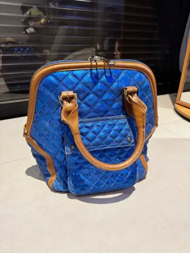 bolsa de couro legítimo azul metalizado