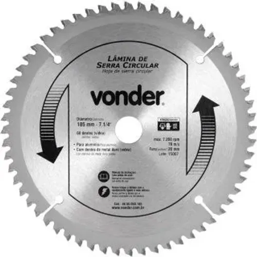  LAMINA DE SERRA CIRCULAR VONDER P/ALUMINIO 185X20X60DENTES