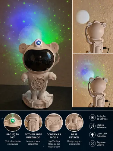 Luminária Astronauta Projetor Galáxia com Caixa de Som Bluetooth