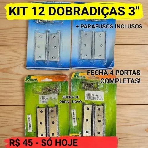 Kit 12 Dobradiças de Aço 3 Polegadas + Parafusos (União Mundial e Pagé)