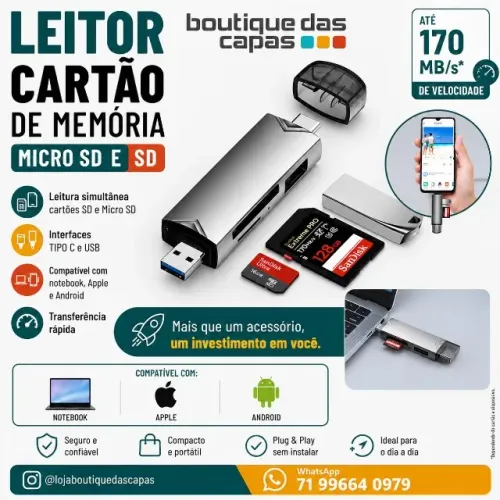 LEITOR CARTÃO DE MEMORIA MICRO SD E SD OTG USB 3.0 MTV-755 (TIPO C / IPHONE)