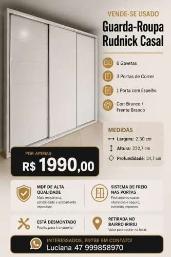 Vende-se Guarda roupa Casal branco Usado de 3 portas Rudnick