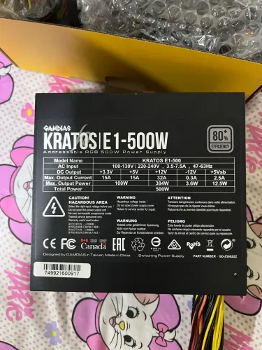 Fonte Gamdias, Kratos E1, 500W, 80% de Eficiência, RGB, GD-Z500ZZZ
