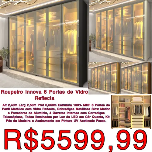 Luxuoso guarda roupas Innova reflecta 100% MDF luz led / 3 cores / frete grátis 