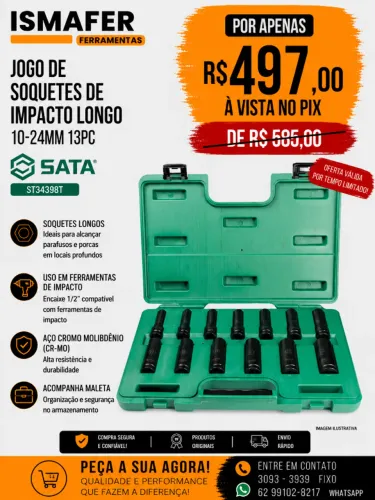 JOGO DE SOQUETES DE IMPACTO LONGO 10-24MM 13PC SATA - ST34398T
