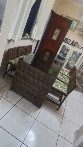 Conjunto Mesa de Jantar em Fibra Sintética (Rattan) com Tampo de Vidro + 6 Cadeiras
