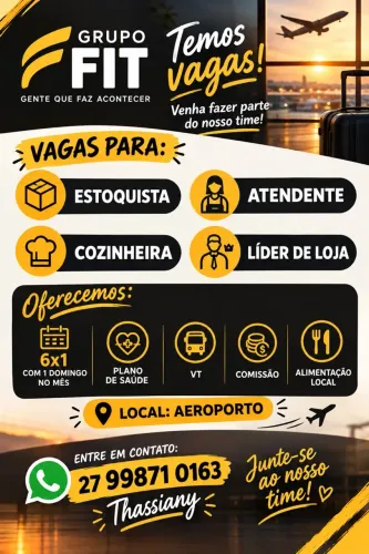 Vaga para atendente, estoquista, cozinheira/o e líder de loja