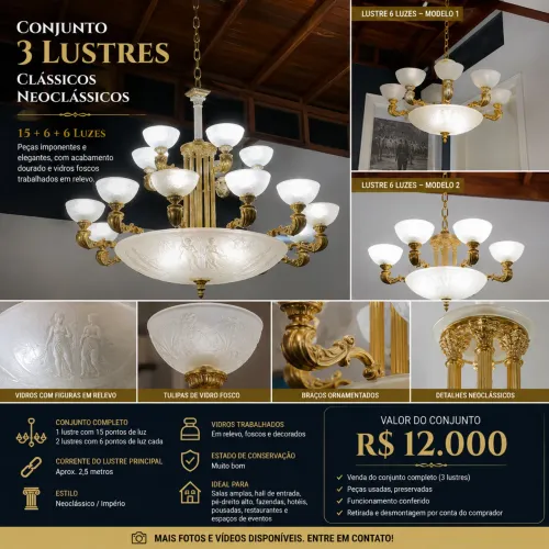 Conjunto 3 Lustres Clássicos Neoclássicos Dourados - 15 + 6 + 6 Luzes