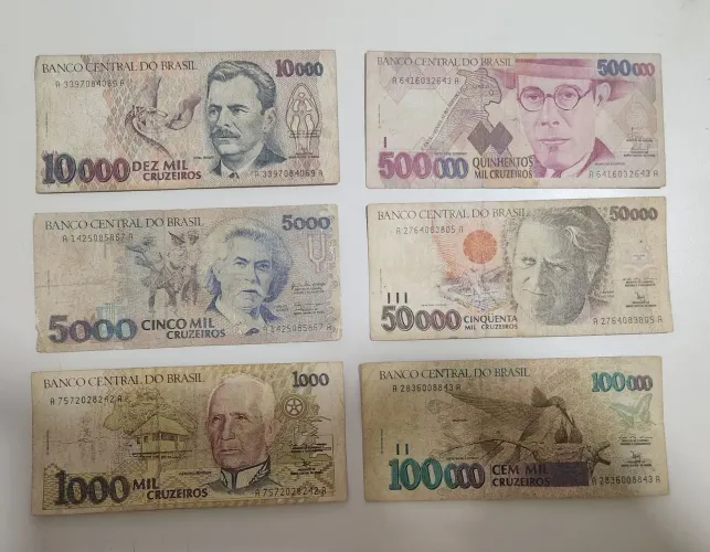 Coleção 6 cédulas antigas Cruzeiros - 1 mil a 500 mil - Nota de Cruzeiro - Colecionador