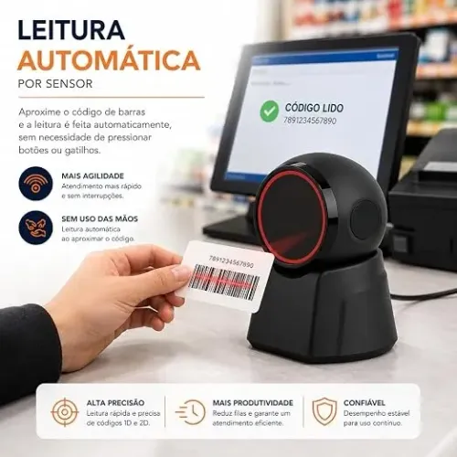 Scanner Leitor de Código de Barras USB de Mesa 1D 2D QR Code Automático Compatível Windows