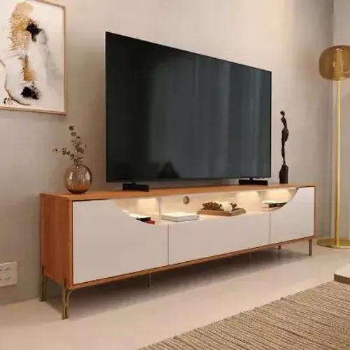 Rack Sala Com LED 210cm Pés Ferro Para TV até 85 Pol Albi Lukaliam Jequitiba/Off White