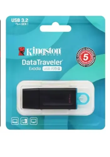 Pen Drive Kingston 64gb Usb 3.2 Preto e Azul - Novo