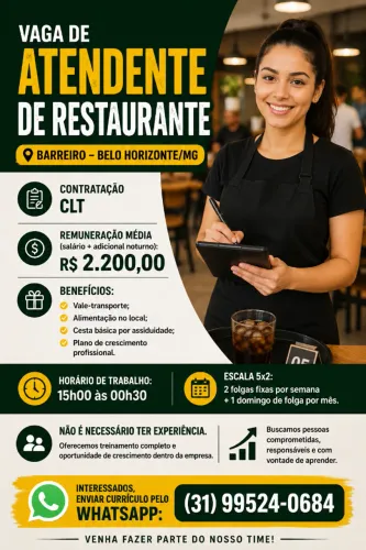 Vaga para Atendente de Restaurante - Barreiro / BH