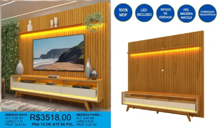 Conjunto Painel com led ripado p/ tv até 85 pol + rack 100% mdf e led