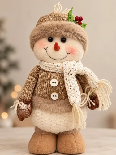 Boneco de Neve Natalino em Tricô Dourado e Pelúcia