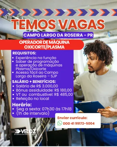 DIVERSAS VAGAS PARA OPERADOR DE OXICORTE/PLASMA!!!