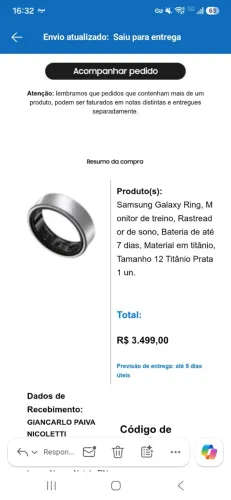 Vendo Samsung Galaxy Ring (Anel Samsung), tamanho: 12 - cor: titânio prata