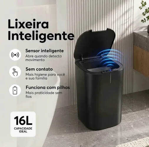 Lixeira Inteligente de 16L com Sensor Automático para Casa e Escritório Preto